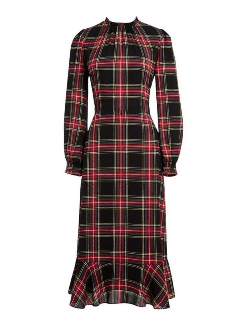 NWT J Crew size 2 black red plaid tartan ruffle collar midi dress Christmas